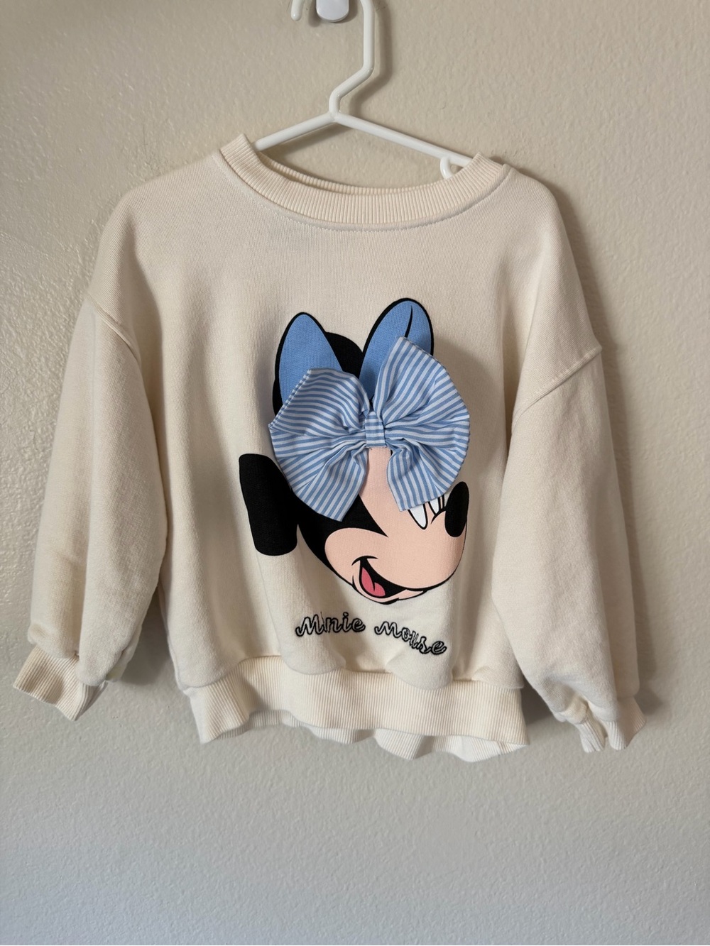 Zara Cream Sweatshirt with Blue Bow Minnie Graphic